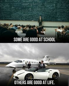 two pictures, one with a man standing next to a car and the other with a plane