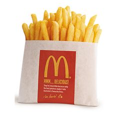 french fries are in a paper bag on a white background with the words mcdonald's