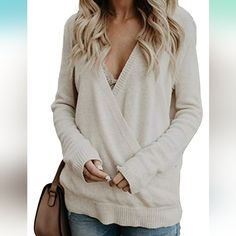 Feiyoung Women Long Sleeve Sexy Plunge V Neck Wrap Front Loose Sweater Pullover Jumper Tops V Neck Design, Straight Clothes, Mode Boho, Long Sleeve Knit Sweaters, Loose Outfit, Knitting Women Sweater, Loose Sweater, Cute Sweaters, Fall Sweaters