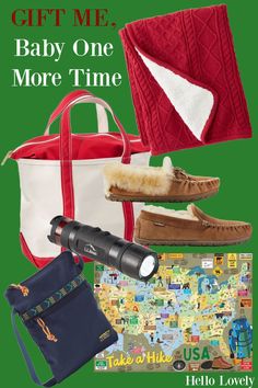 a christmas gift guide for the baby one more time, includes items such as a tote bag, mittens, and booties