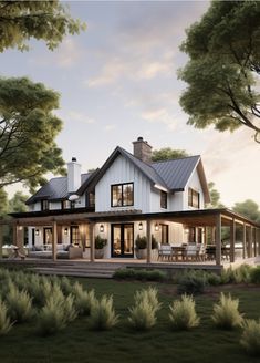 an artist's rendering of a house in the woods with trees and grass around it