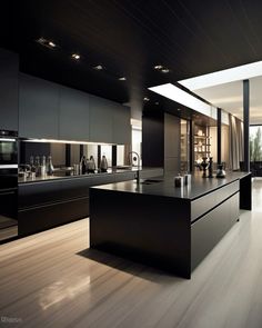 a large kitchen with black cabinets and white flooring is pictured in this image, there are lights on the ceiling