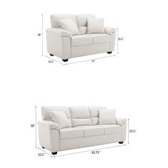 two white couches side by side with measurements