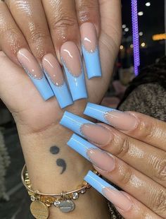 Teal French Nails, Teal French Tips, Turquoise French Tip Nails, Acrylic Nails Ideas Almond, Teal French Tip Nails, Nails Stiletto Short, Blue Acrylic Nails Ideas, Royal Blue And Silver Nails, Baddie Almond Nails