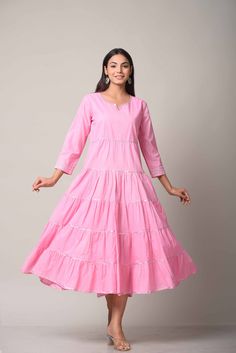 Short Pink Tier Dress, Soft Cotton Empire Waist Boho Tunic, Loose Maternity Dress, Maxi Dress, Plus Size Petite ,Ladies Kurta, Gift for her Product Details- Pattern -  Anarkali Style Color -  Pink and orange Sleeve - 3/4 regular sleeves Neck - Round neck Length - calf length Caller -  tie-up detail at waist Fabric -  100% Cotton Speciality  - Embroidered work detail, Anarkali shape with tiered style You'll love the elegant design and fit of this stunning kurta. This Pink & Silver piece is a styl Pink Tiered Cotton Dress, Ladies Kurta, Pink Cotton Dress, Leggings And Heels, Maxi Dress Plus Size, Tier Dress, Plus Size Petite, Comfy Dresses, Boho Tunics