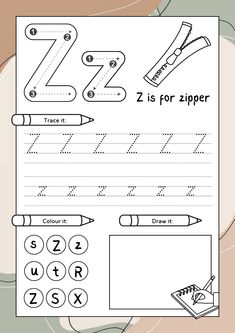 the letter z worksheet is shown with letters and numbers to be written on it