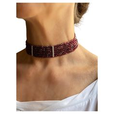 Introducing the Rossella Ugolini Choker: A masterpiece of Italian craftsmanship, uniting deep red Garnet beads with 18K white Diamonds. With 7 Garnet rows and front bars featuring 24 Diamonds, it blends classic elegance and modern allure. Clasp in 18K Gold. Dimensions: H 3 cm, L 35 cm (adjustable to 41 cm). This exquisite choker weaves together the rich allure of deep red Garnet beads and the dazzling radiance of 18K white DiamondsG Color VS1, creating a symphony of elegance that transcends time Elegante Y Chic, Jewellery Indian, Diamond Choker, Italian Craftsmanship, Bridal Jewellery, Red Garnet, White Diamonds, Classic Elegance, Deep Red