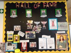 a bulletin board with pictures, photos and other things on it that say hall of fame