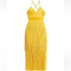 Herve Leger's Knit Fringe Midi-Dress Is Styled With A Plunging V-Neck, Tiered Skirt, And Crisscross Straps At The Back. Plunging V-Neck Sleeveless Back Zip Crisscross Straps At Back 90% Rayon/9% Nylon/1% Spandex Fringe: Polyester Dry Clean Imported Size & Fit About 50" From Shoulder To Hem Line Drawn Through The Name To Prevent Store Returns. All Items Were Purchased As Final Sale Merchandise. If You Need Additional Information Or Pictures Please Ask Prior To Making A Purchase. Fringe Midi Dress, Yellow Dress Casual, Bandage Dress Herve Leger, Red Dress Sleeves, Red Bandage Dress, Knit Fringe, Rare Dress, Herve Leger Dress, Bandage Midi Dress