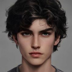 an artist's rendering of a young man with curly hair and blue eyes wearing a gray shirt