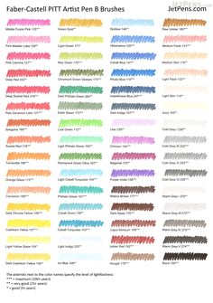 the color chart for faber - castel pitt's pens, including different colors