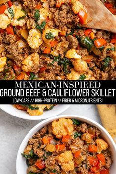 mexican inspired ground beef and cauliflower skillet in a white bowl