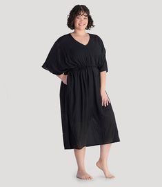 Plus size model Relaxed Fit Cotton Kaftan With V-neck, Cotton V-neck Kaftan For Loungewear, Black V-neck Kaftan For Loungewear, Black Spring Beach Cover-up Kaftan, Plus Size Caftan, Black Flowy V-neck Kaftan, Plus Size Swimsuit, Lounge Bra, Tank Top Bras