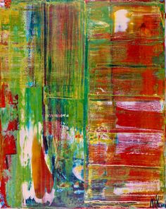 an abstract painting with red, green and orange colors