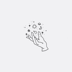 a hand holding an object with stars and planets in the sky above it on a white background