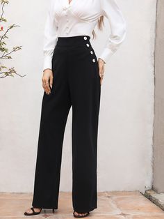 Black Elegant Collar  Polyester Plain Wide Leg Embellished Slight Stretch  Women Bottoms Formal Pants Women, African Print Pants, Soiree Dress, Slacks For Women, Women Bottoms, Button Outfit, Formal Pants, Classy Work Outfits