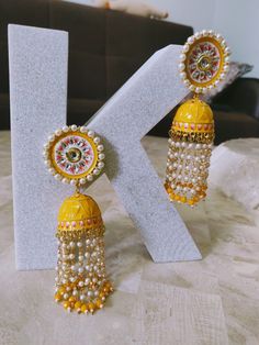 Haldi Function, Yellow Earrings, Pearl Wedding, Copper Earrings, Mustard Yellow, Round Shape, Beautiful Earrings, Screw, Mustard