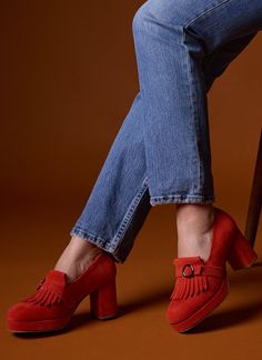 Toulouse Suede Platform Loafers - Red Vintage Shoes Heels, 1970s Shoes, Breaking In Shoes, Joanie Clothing, Woman Tips, Breaking In, Vintage Inspired Outfits, Platform Loafers, 1980s Fashion