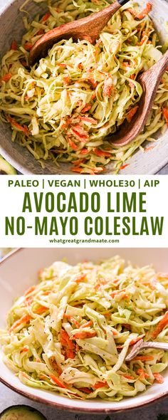 avocado lime no - mayo coleslaw in a bowl with wooden spoons