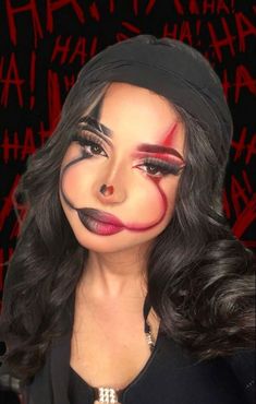 Red And Black Clown Makeup Halloween, Halloerrn Makeup, Clown Makeup And Outfit, Holloween Makeup Idea, Halloween Makeup With Red Hair, Hollowed Makeup Ideas, Black Clown Makeup Halloween, Cute Clown Makeup Looks, Halloween Makeup Black And White