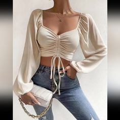 Womens Sweetheart Neck Solid Ribbed Knit Tee Mesh Puff Lantern Sleeve Drawstring Crop Top Color: Khaki Size; Xxl/14 Bust:37.8" Length; 18.1" Puff Sleeves Top, Midriff Top, Slim Blouse, Feminine Top, Maxi Dress Cocktail, Long Sleeve Knit Sweaters, Cropped Tops, Neck Crop Top, Chiffon Lace