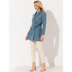 The long trench coat is shaped in a classic double-breasted cut. This soft, elegant coat with a tie around the waist detail is a classic look and will keep you warm in the cool weather. Whether you want to dress up your look or just stay warm in casual winter, it is a better choice for you. The self-tie belt style is flattering and fits more different body shapes. Spring Double-breasted Wool Coat, Chic Long Pea Coat With Belted Cuffs, Spring Double-breasted Peacoat, Spring Wool Coat With Double-breasted Button Fastening, Belted Long Pea Coat For Workwear, Chic Blue Double-breasted Pea Coat, Belted Double-breasted Wool Coat For Business, Blue Belted Double-breasted Outerwear, Elegant Double-breasted Spring Peacoat