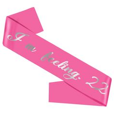 a pink ribbon with silver lettering on it