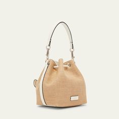 Valentino Garavani "Loco" bucket bag in polyester, metal, and raffia  Detachable flat top handle  Detachable, adjustable web shoulder strap Can be worn as a top handle or shoulder bag  Drawstring closure  Exterior, VLOGO front flap pouch  Lining: Cotton Approx. 7.5"H x 6.3"W x 4.3"D Made in Italy Luxury Hobo Shoulder Bag For Summer, Luxury Summer Hobo Shoulder Bag, Luxury Hobo Bag For Daily Use In Summer, Luxury Summer Hobo Bag For Daily Use, Luxury Hobo Bag For Everyday Use In Summer, Spring Bucket Bag With Detachable Strap, Natural Bucket Bag With Detachable Handle For Travel, Luxury Hobo Tote Bag For Summer, Luxury Summer Hobo Tote Bag