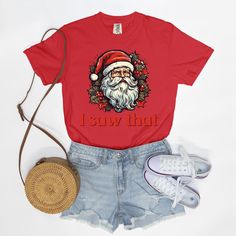 Spread holiday cheer with a humorous touch wearing our Santa 'I Saw That' T-shirt! Embrace the joy of the season with this whimsical tee featuring Santa's knowing gaze and the playful phrase 'I Saw That.' Crafted for comfort and a dash of festive humor, this tee is perfect for adding a light-hearted touch to your holiday wardrobe.Want to spend every day in the comfort of Saturday morning? Slip on a Comfort Colors 1717 Adult Tee and enjoy the softness of 100% USA grown ring-spun cotton. The fabri Fun Holiday T-shirt With Short Sleeves, Holiday Fun Short Sleeve T-shirt, Fun Short Sleeve T-shirt For Holidays, Fun Christmas Crew Neck T-shirt, Fun Christmas T-shirt With Graphic Print, Fun Christmas T-shirt For Holiday, Fun Holiday T-shirt With Graphic Print, Fun Christmas Holiday T-shirt, Fun Holiday Graphic Print T-shirt