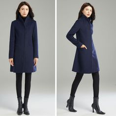 "This Women's Stand-collar Coat is a beautiful and luxurious wool coat. This coat is designed for special occasions and leisurely walks, suitable for autumn and winter. If you want to keep warm and fashion, this coat is the best choice for you.The coat fits perfectly if you choose the right size. ★★ FEATURES 50% wool, 50% fiber, nylon Polyester lining Two pockets Button closure Stand collar Long sleeve wool coat Wool jacket Perfect for winter, autumn Dry clean ★★Mode size Height 170cm (5′ 7″) Bu Chic Solid Wool Coat With Stand Collar, Elegant Spring Pea Coat With Stand Collar, Formal Blue Outerwear With Stand Collar, Elegant Wool Coat With Stand Collar For Fall, Fitted Wool Coat With Stand Collar For Fall, Spring Wool Coat With Stand Collar, Elegant Blue Long Sleeve Pea Coat, Classic Wool Coat With Stand Collar For Winter, Formal Winter Wool Coat With Stand Collar