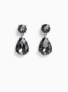 Teardrop rhinestones shimmer with silver-tone glints to create these statement-making earrings. This pair comes complete on a personalized card with a top ribbon, making this a perfect holiday gift that you can hang from anywhere. Post back. Base metal. Imported. The best plus size women's silver-tone black rhinestone teardrop earrings in black. Torrid is your destination for cozy fall and winter clothes to keep you warm and comfortable. Silver Rhinestone Teardrop Earrings For Gift, Silver Teardrop Earrings With Rhinestones For Gift, Silver Teardrop Earrings With Sparkling Stones For Party, Party Silver Teardrop Earrings With Sparkling Stones, Sparkle Hoop Earrings, Ribbon Making, Double Hoop Earrings, Purple Feather, Stone Dangle Earrings