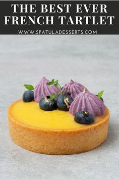 the best ever french tartlet with blueberries on top and text overlay