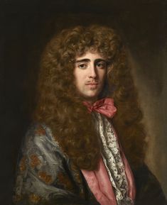 a painting of a man with long hair and a pink bow tie, wearing a suit