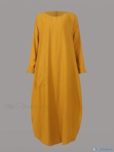 Orcajump - Solid Split Kaftan Dress, Modest Long Sleeve Maxi Dress With Pocket, Women's Clothing Plain Long-sleeve Shift Dress, Yellow Long-sleeved Dress With Pockets, Long Sleeve Yellow Dress With Pockets, Yellow Long Sleeve Dress With Pockets, Bohemian Dresses With Pockets, Casual Yellow Tunic Maxi Dress, Dress Modest, Sleeve Maxi Dress, Kaftan Dress