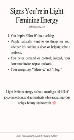 a white sheet with the words signs you're in light feminine energy on it