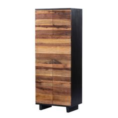 a tall wooden cabinet with black legs and wood grains on the front, against a white background