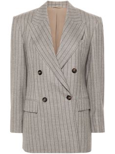 taupe grey/light brown virgin wool mélange effect vertical stripe pattern wide peak lapels double-breasted button fastening shoulder pads long sleeves buttoned cuffs chest welt pocket two front flap pockets American rear vent straight hem full lining Taupe Grey, Jackets Women, City Dress, Grey Light, Breasted Blazer, Summer Beach Wear, Double Breasted Blazer, Ski Wear, Brunello Cucinelli