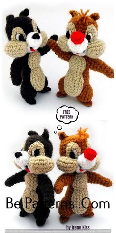 three crocheted stuffed animals are shown in two different poses, one is holding the other's hand