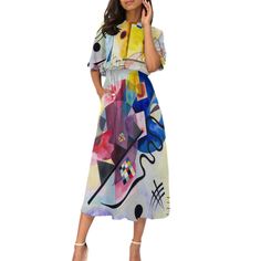 "Elevate your style with our Wassily Kandinsky Yellow Red Blue Abstract Art Women's Waist Dress. This wearable masterpiece combines the timeless elegance of Kandinsky's artwork with modern fashion sensibilities. Our dress features a vibrant abstract art print inspired by Kandinsky's iconic composition, \"Yellow-Red-Blue.\" The bold colors and geometric patterns make it a unique and eye-catching statement piece for any art lover's wardrobe. Designed for women who appreciate art and fashion, this Artistic Multicolor Dresses For Spring, Artistic Floral Print Spring Dresses, Artistic Spring Floral Print Dresses, Multicolor Graphic Print Midi Dress For Spring, Artistic Multicolor Floral Print Dress, Artistic Summer Party Dresses, Artistic Fitted Multicolor Dress, Artistic Multicolor Party Dress, Artistic Multicolor Graphic Print Dress