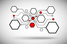 an abstract background with hexagonal shapes and red dots in the center on a gray background