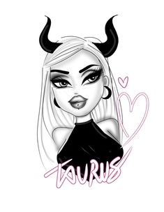 a drawing of a girl with horns on her head and the word taurus written in pink