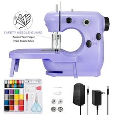 the sewing machine is purple and has various accessories including scissors, threading needles, and markers