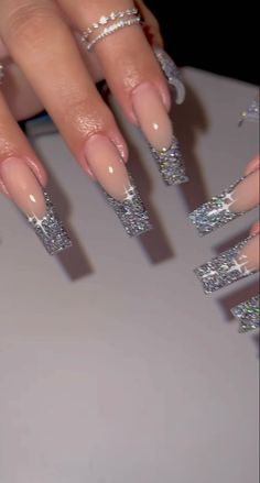 Silver Bottom Nails, Glitter French Tips Long, Prom Nails Emerald Green And Silver, Long Acrylic Nails Silver, Silver And Black Nails Ideas, Nails Prom Silver, Sliver Nails Ideas, Silver Birthday Nails, Long Prom Nails