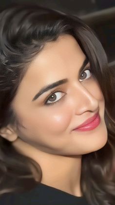 a close up of a person with long hair and brown eyes wearing a black shirt