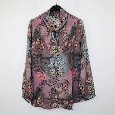 Approximate Measurements: Length 30 In., Width 22.5 In. (Armpit To Armpit). Bohemian Pink Shirt For Spring, Spring Bohemian Pink Shirt, Pink Printed Shirt For Fall, Feminine Pink Floral Print Shirt, Fitted Pink Floral Print Shirt, Feminine Long Sleeve Multicolor Tops, Grey Floral, Tie Neck, Pink Gray