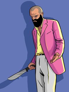 a man in a pink jacket holding a large knife and looking down at the ground