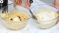 two bowls filled with batter and flour being whisked by someone using a mixer