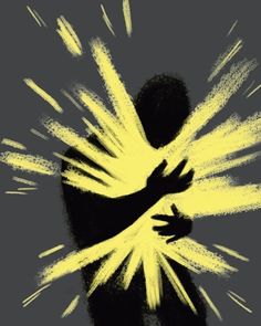 the silhouette of a person with yellow paint splatters all over their body and arms