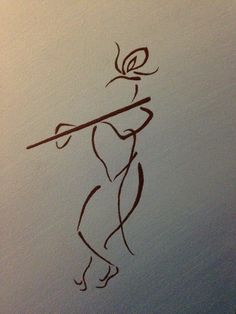 a drawing of a woman with a rose on her head holding a stick in her hand