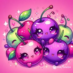 some very cute cartoon fruit on a pink background